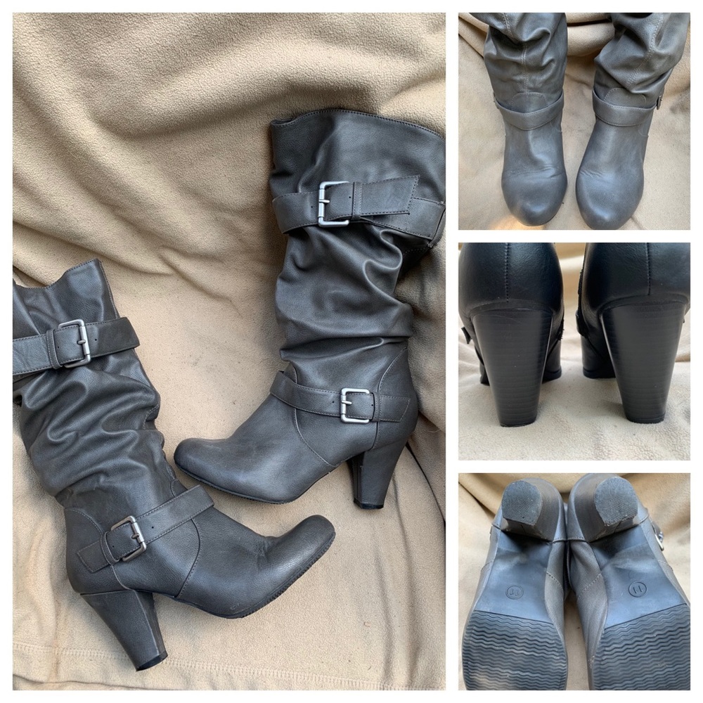 Gray slouch boots with buckle detail